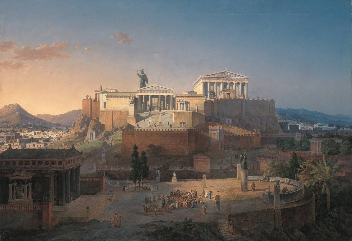 Leo von Klenze's Reconstruction of the Acropolis and Areopagus in Athens, depicting the temples of the Athenian acropolis above the city at dusk