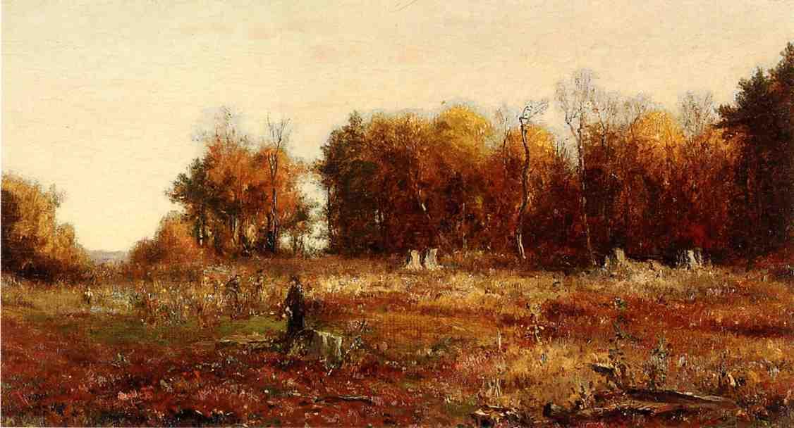 Jervis McEntee's Gathering Autumn Leaves — a solitary figure at work in an autumn clearing edged by golden woods
