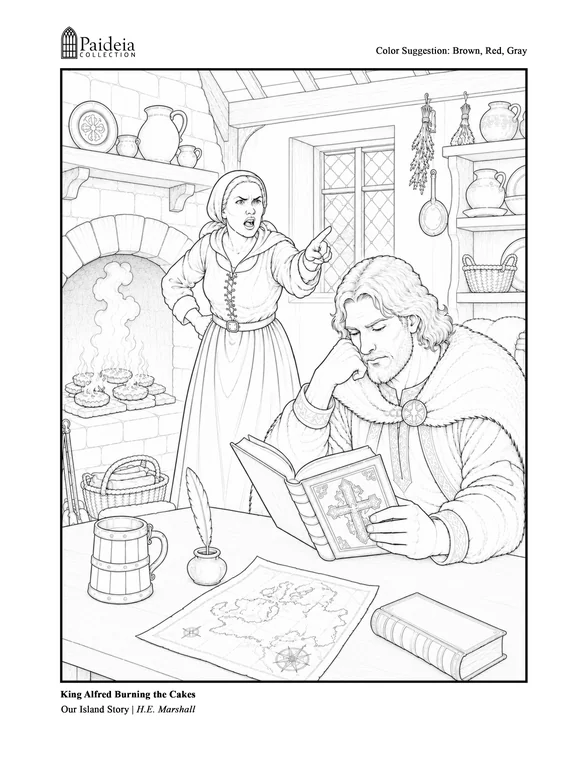 Coloring page of King Alfred burning the cakes